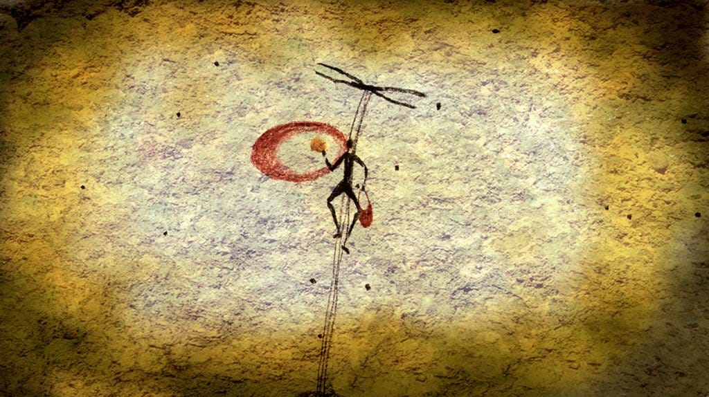 A cave painting of a human figure climbing a rope towards a hive, surrounded by bees