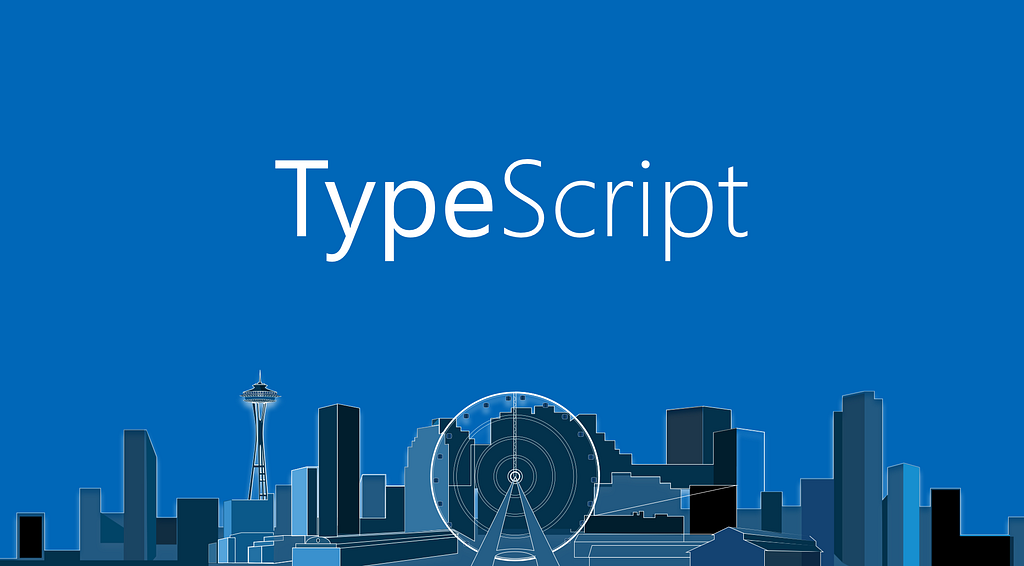 The TypeScript wordmark in white over a blue city skyline