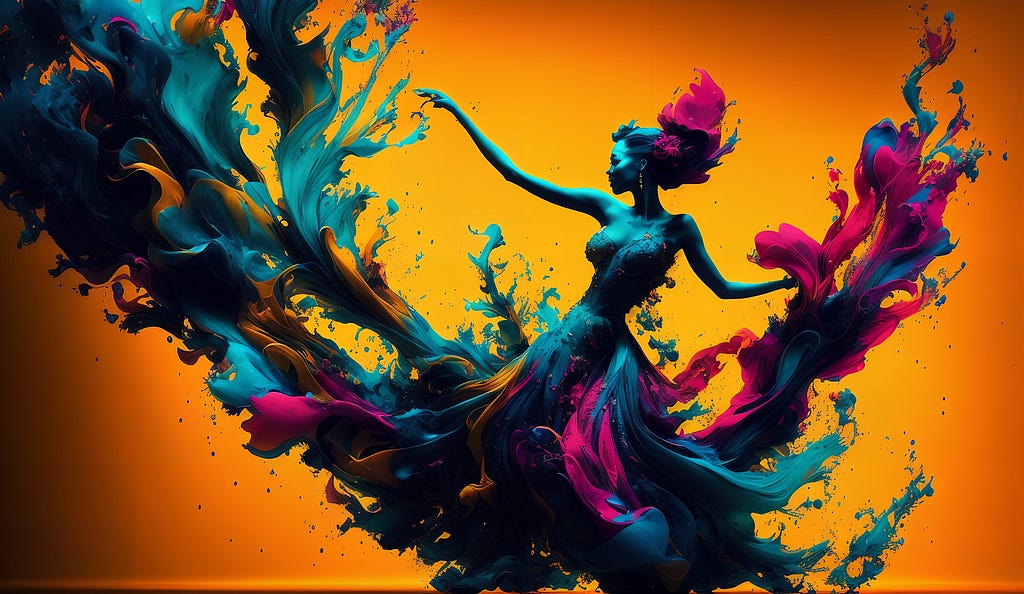 The silhouette of a dancer whose dress dissolves into swirls of teal, blue and magenta ink against an orange background